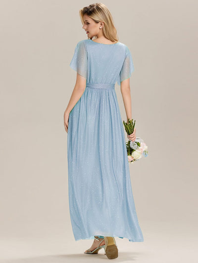 Tie-Waist Diamond Linen Ruffle Sleeve Bridesmaid Dress #color_Ice Blue