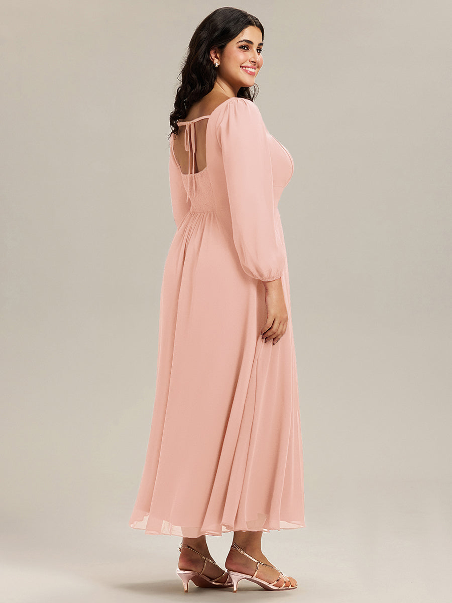 See-through Chiffon Lantern Sleeve Bridesmaid Dress #color_Pink
