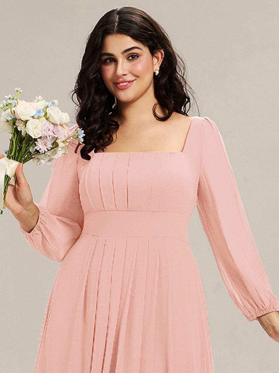 See-through Chiffon Lantern Sleeve Bridesmaid Dress #color_Pink