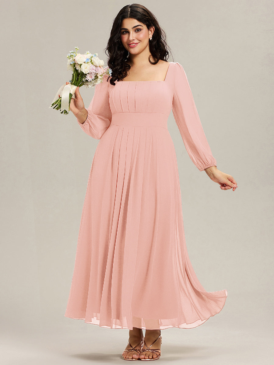 Plus Size See-through Chiffon Lantern Sleeve Wedding Guest Dress #color_Pink