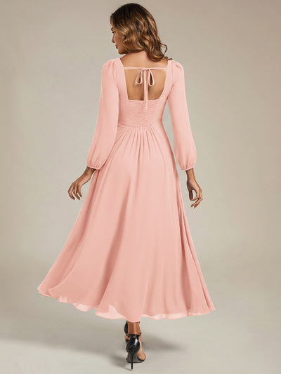 See-through Chiffon Lantern Sleeve Bridesmaid Dress #color_Pink