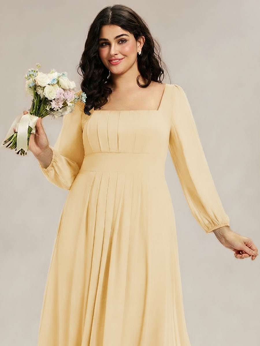 Plus Size See-through Chiffon Lantern Sleeve Wedding Guest Dress #color_Yellow