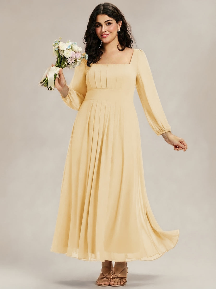 Plus Size See-through Chiffon Lantern Sleeve Wedding Guest Dress #color_Yellow