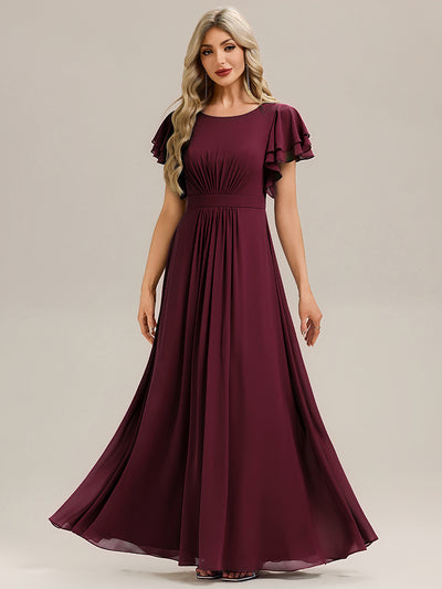 Ruffled Chiffon Ruffle Sleeve Bridesmaid Dress #color_Burgundy