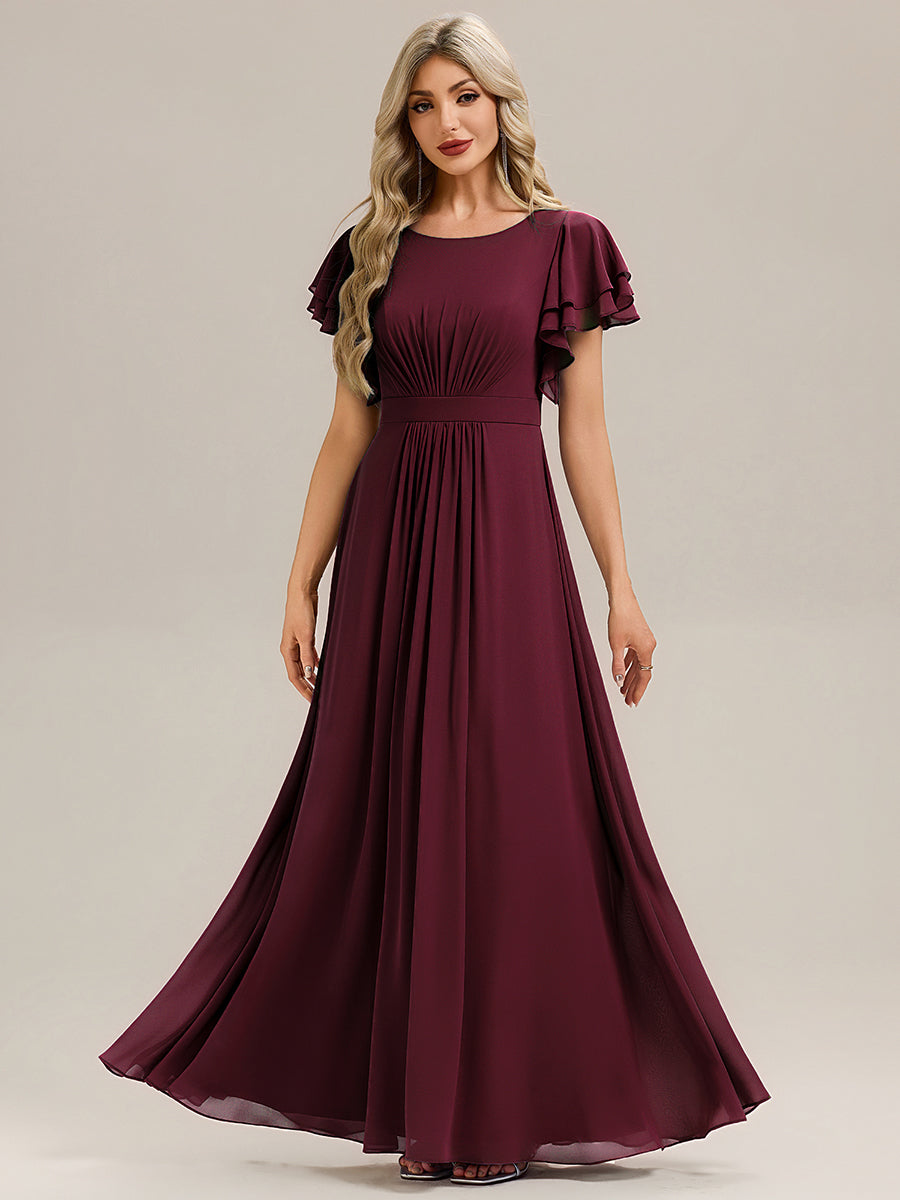 Ruffled Chiffon Ruffle Sleeve Bridesmaid Dress #color_Burgundy