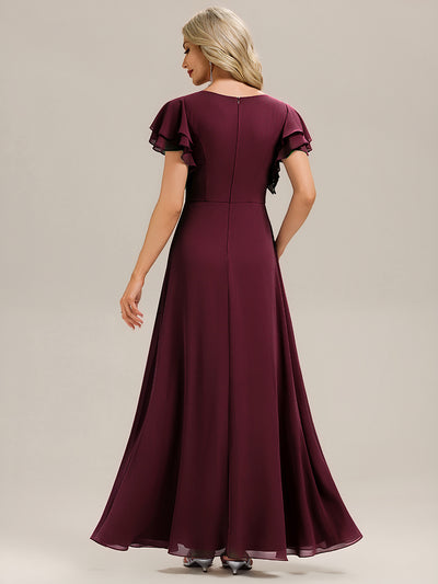 Ruffled Chiffon Ruffle Sleeve Bridesmaid Dress #color_Burgundy