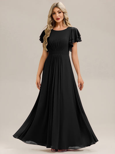 Ruffled Chiffon Ruffle Sleeve Bridesmaid Dress #color_Black