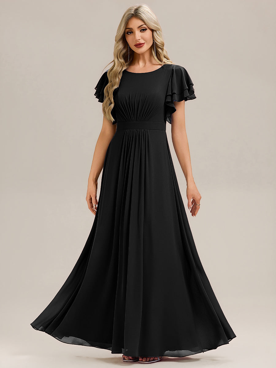 Ruffled Chiffon Ruffle Sleeve Bridesmaid Dress #color_Black