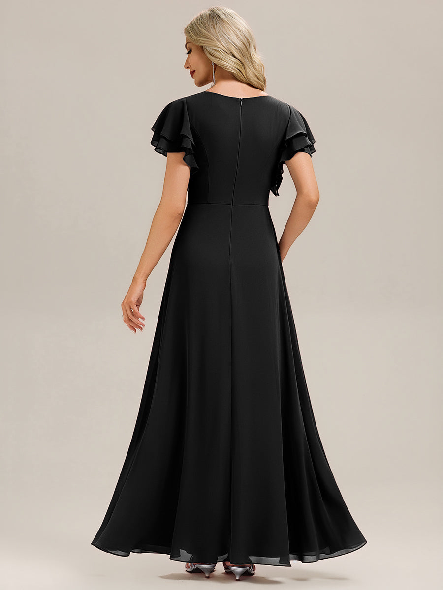 Ruffled Chiffon Ruffle Sleeve Bridesmaid Dress #color_Black
