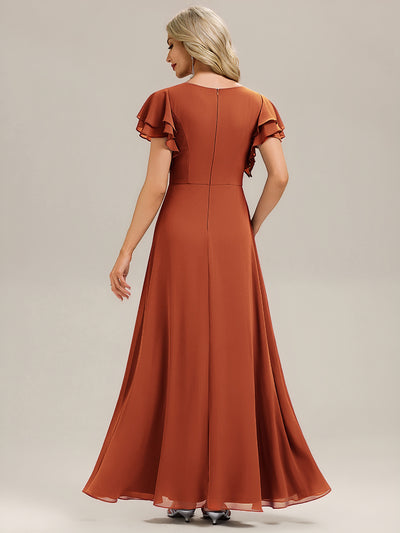 Ruffled Chiffon Ruffle Sleeve Bridesmaid Dress #color_Burnt Orange