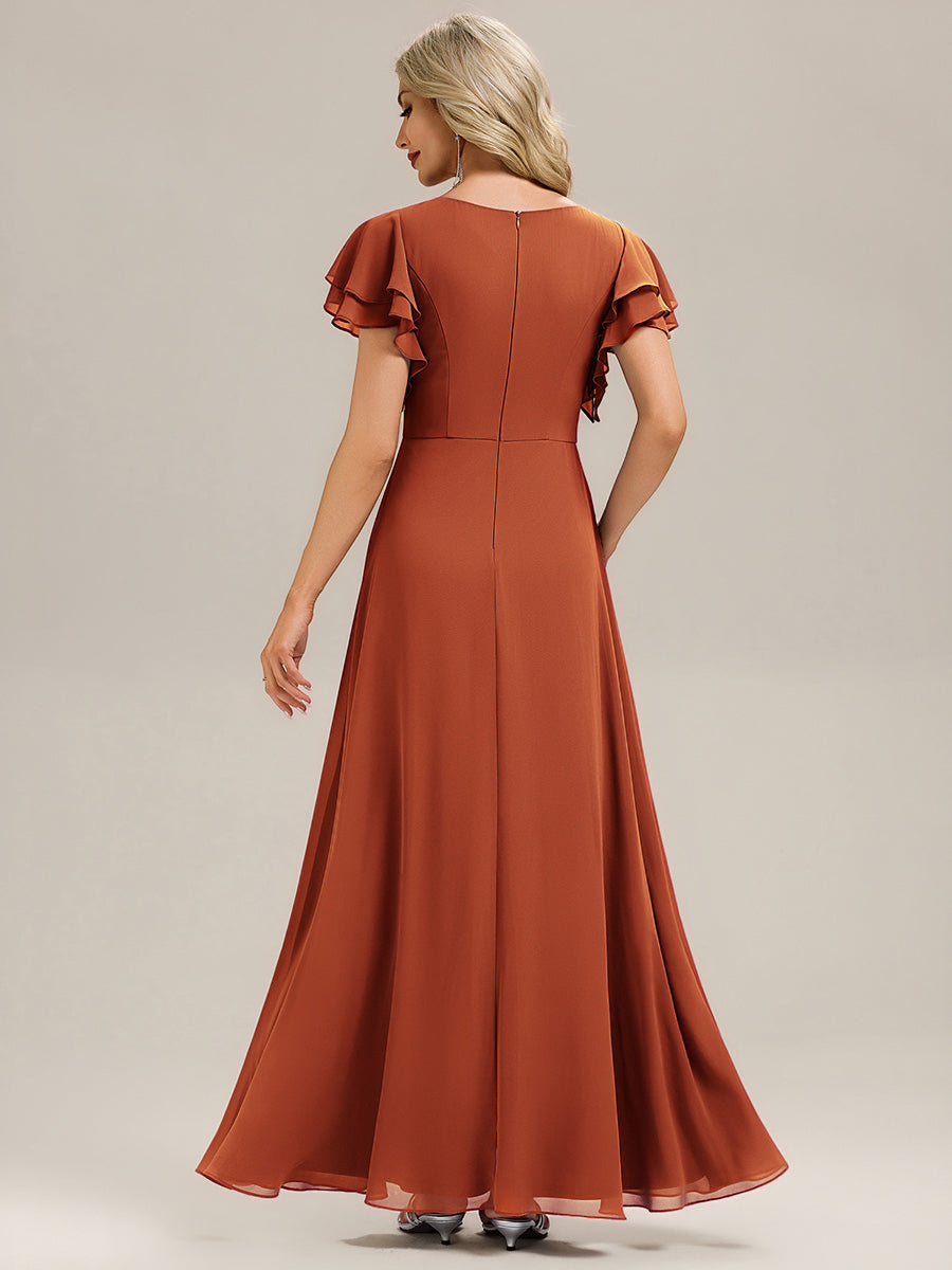 Ruffled Chiffon Ruffle Sleeve Bridesmaid Dress #color_Burnt Orange