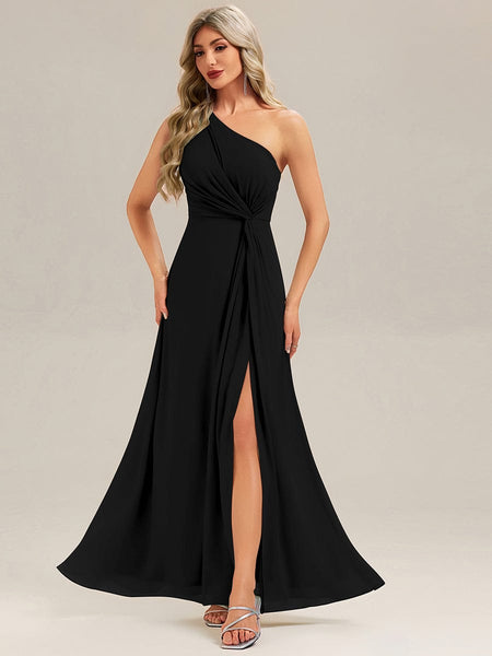 One Shoulder Slit Chiffon Evening Dress for Weddings & Formal Events