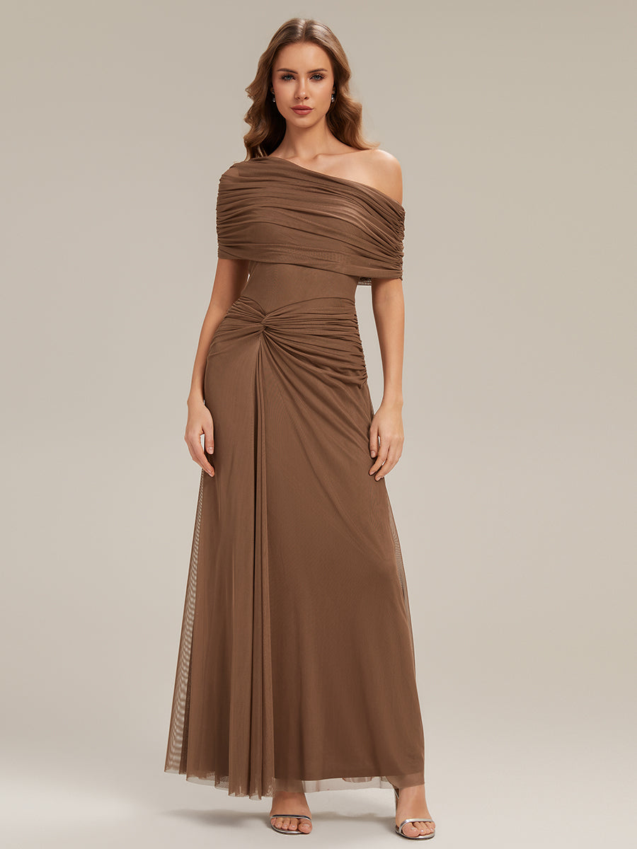 Tulle Off-the-shoulder Sleeve Bodycon Bridesmaid Dress #color_Brown