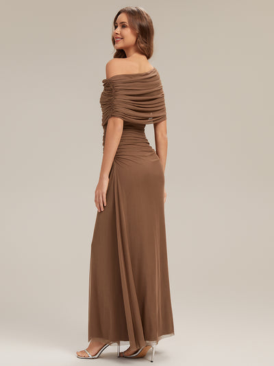 Tulle Off-the-shoulder Sleeve Bodycon Bridesmaid Dress #color_Brown