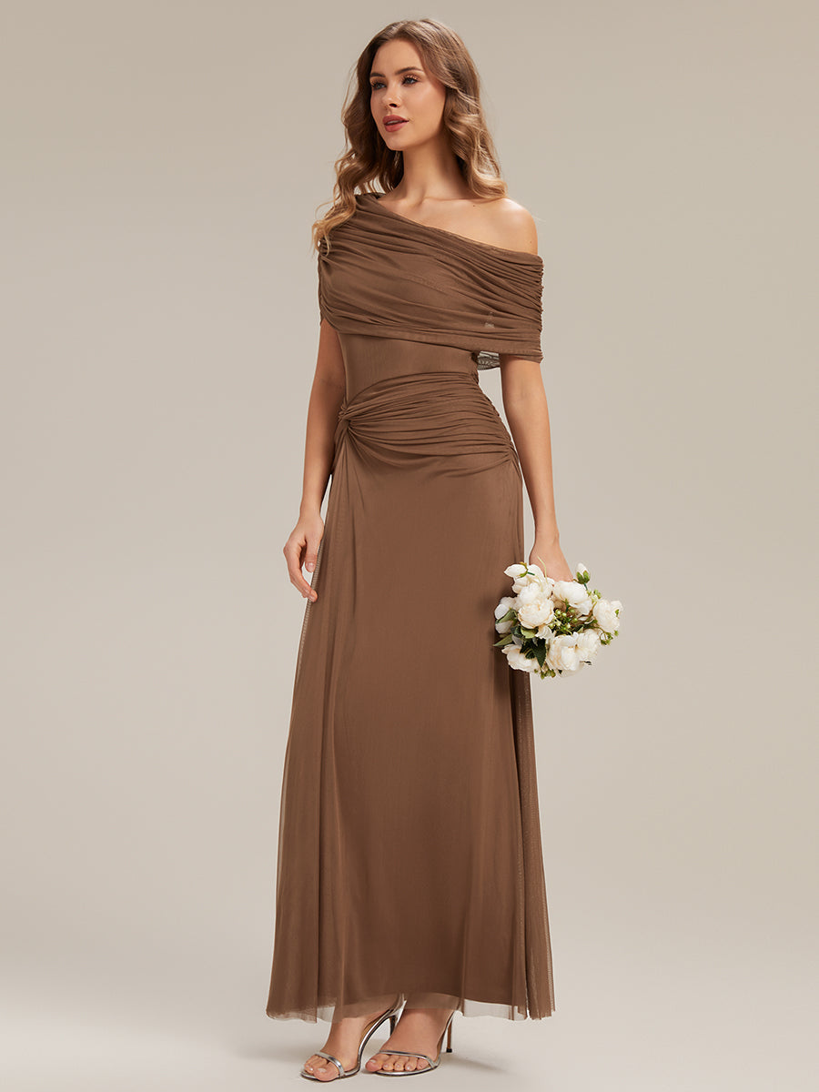 Tulle Off-the-shoulder Sleeve Bodycon Bridesmaid Dress #color_Brown