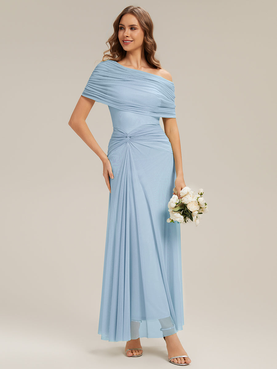 Tulle Off-the-shoulder Sleeve Bodycon Bridesmaid Dress #color_Ice Blue