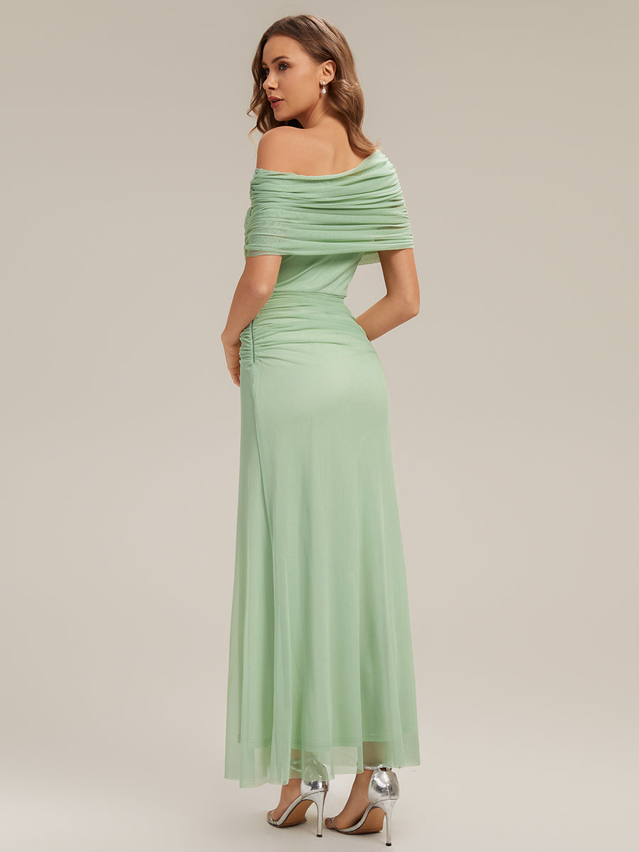 Tulle Off-the-shoulder Sleeve Bodycon Bridesmaid Dress #color_Mint Green