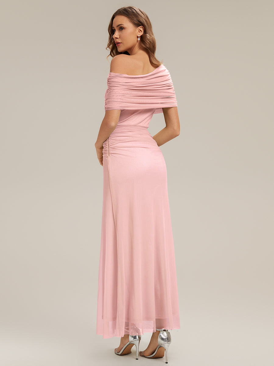 Tulle Off-the-shoulder Sleeve Bodycon Bridesmaid Dress #color_Pink