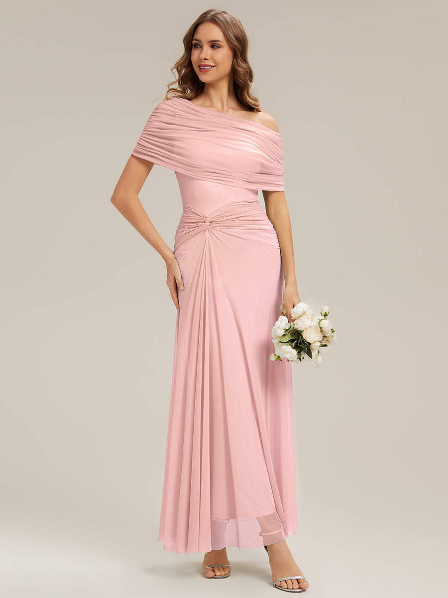 Tulle Off-the-shoulder Sleeve Bodycon Bridesmaid Dress #color_Pink