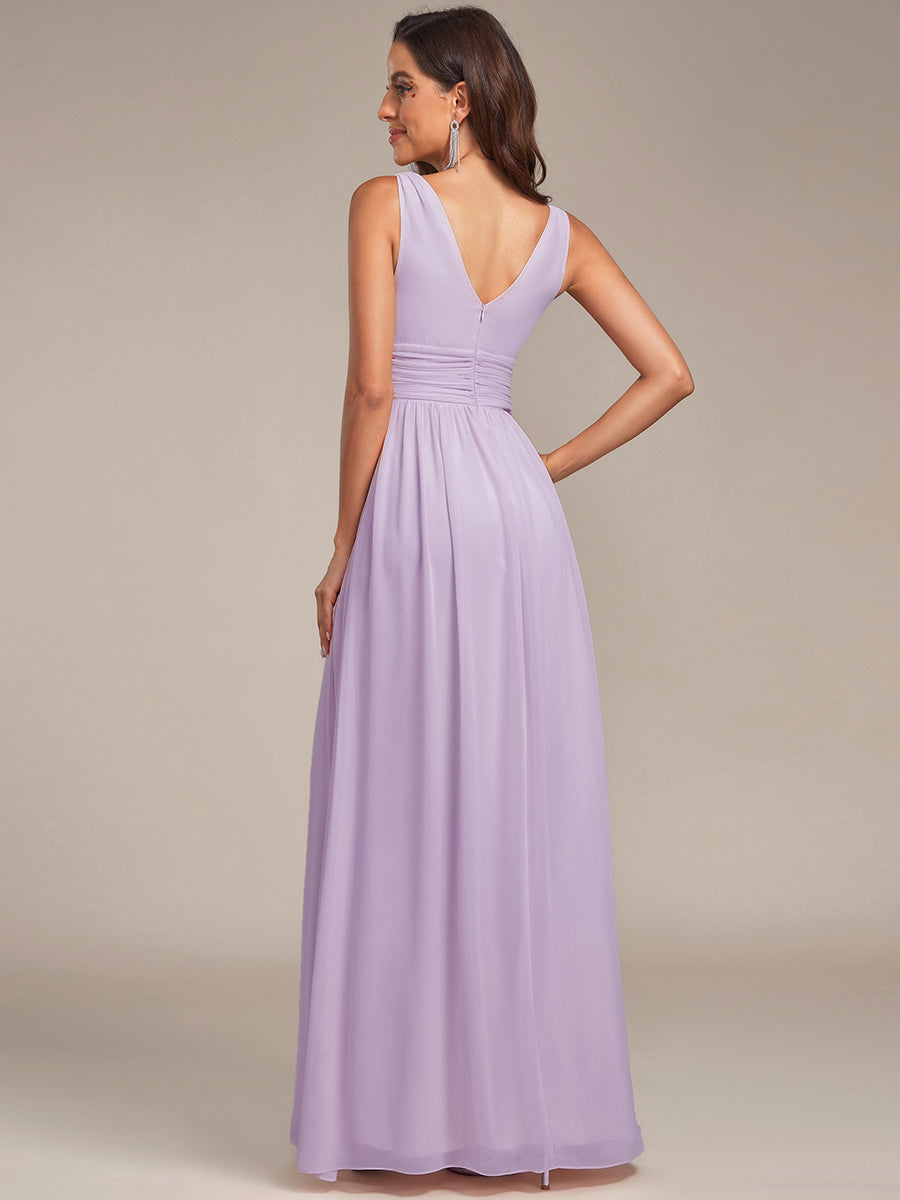 Chiffon Empire Waist Sleeveless Pleated V-neck Bridesmaid Dress #color_Frosted Lilac