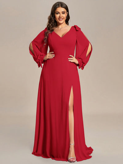 Plus Size Open Lantern Sleeve A-Line Bridesmaid Dress #color_Red