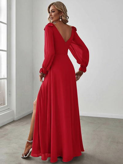 Open Lantern Sleeve A-Line Bridesmaid Dress #color_Red