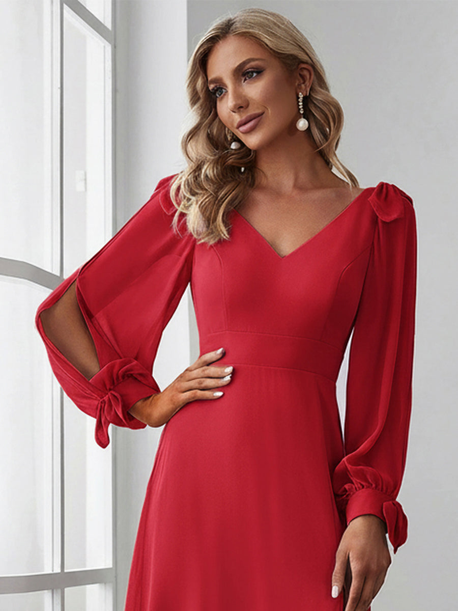 Open Lantern Sleeve A-Line Bridesmaid Dress #color_Red
