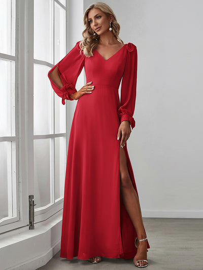 Open Lantern Sleeve A-Line Bridesmaid Dress #color_Red