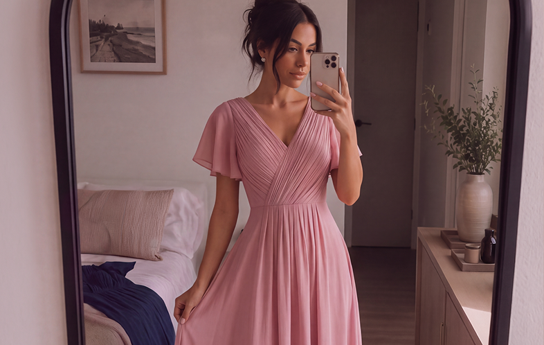 Woman trying on a dress at home