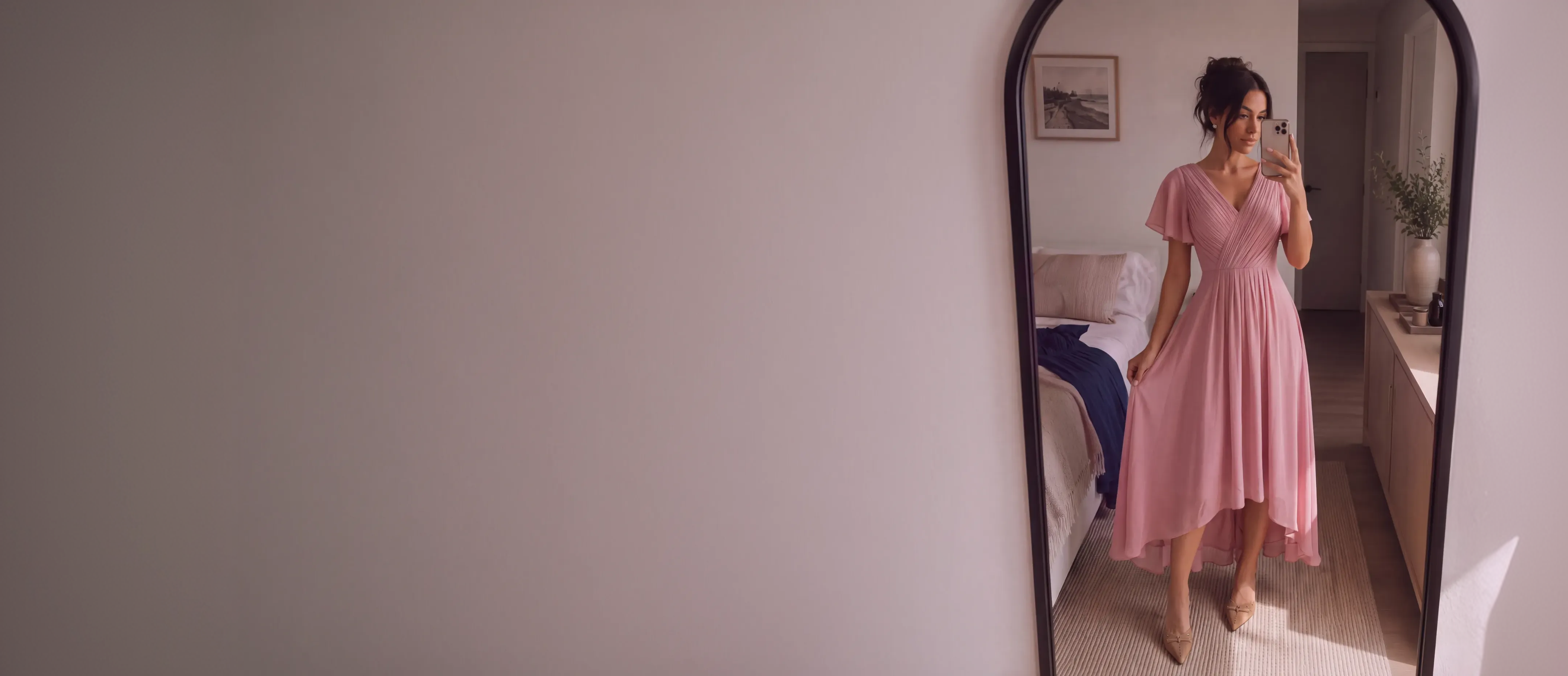 Woman trying on a dress at home