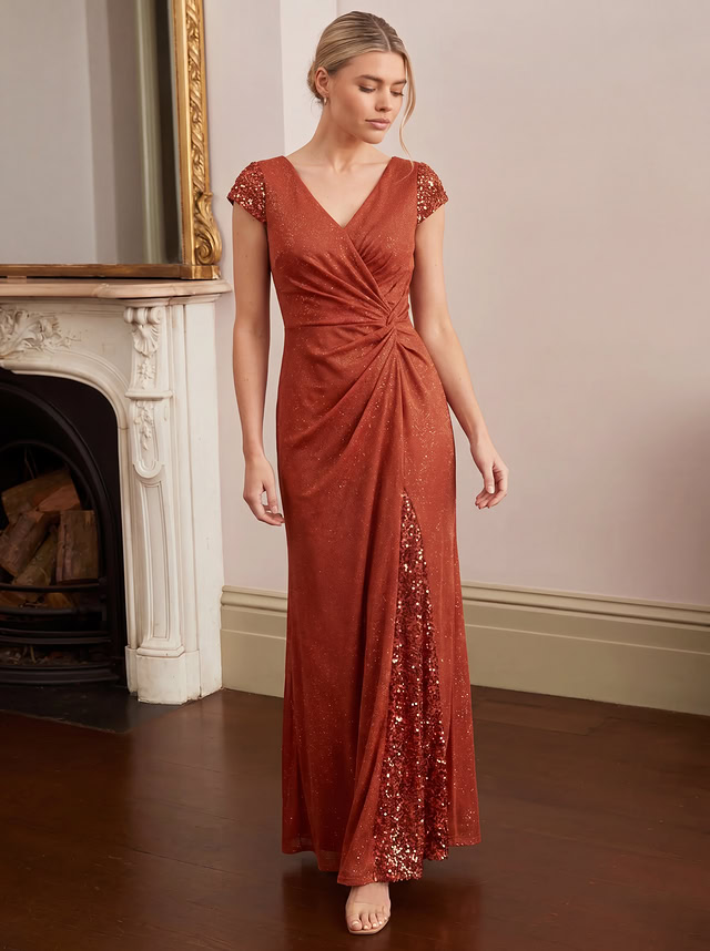 Knotted Knit Cap Sleeve Maxi Glitter Evening Dress #color_Burnt Orange