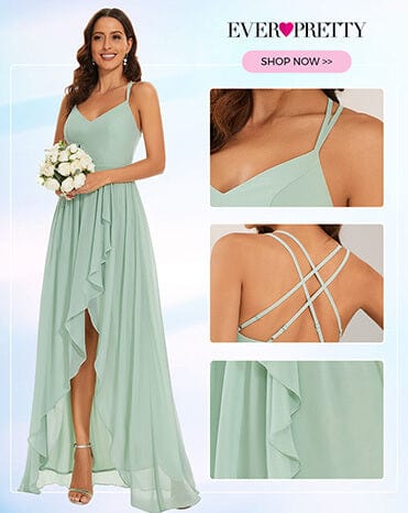 Chiffon Spaghetti Strap Ruffled Front Slit A-Line Bridesmaid Dress