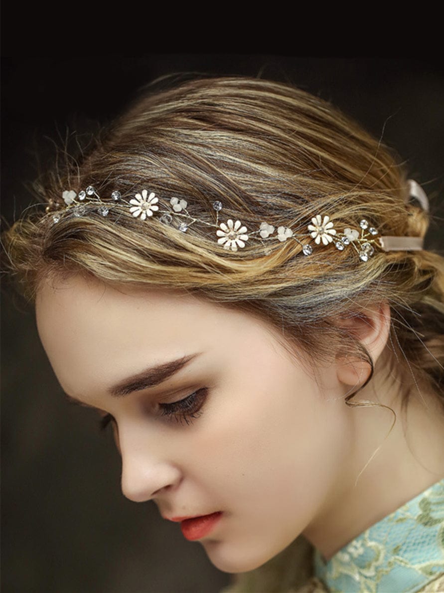 Elegant Rhinestone Daisy Bridal Headwear Wedding Hair Accessories #color_Gold