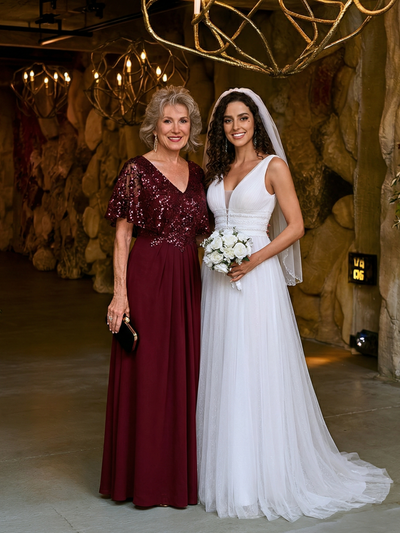 Double V-Neck Sequin Batwing Sleeve Evening Dress #color_Burgundy