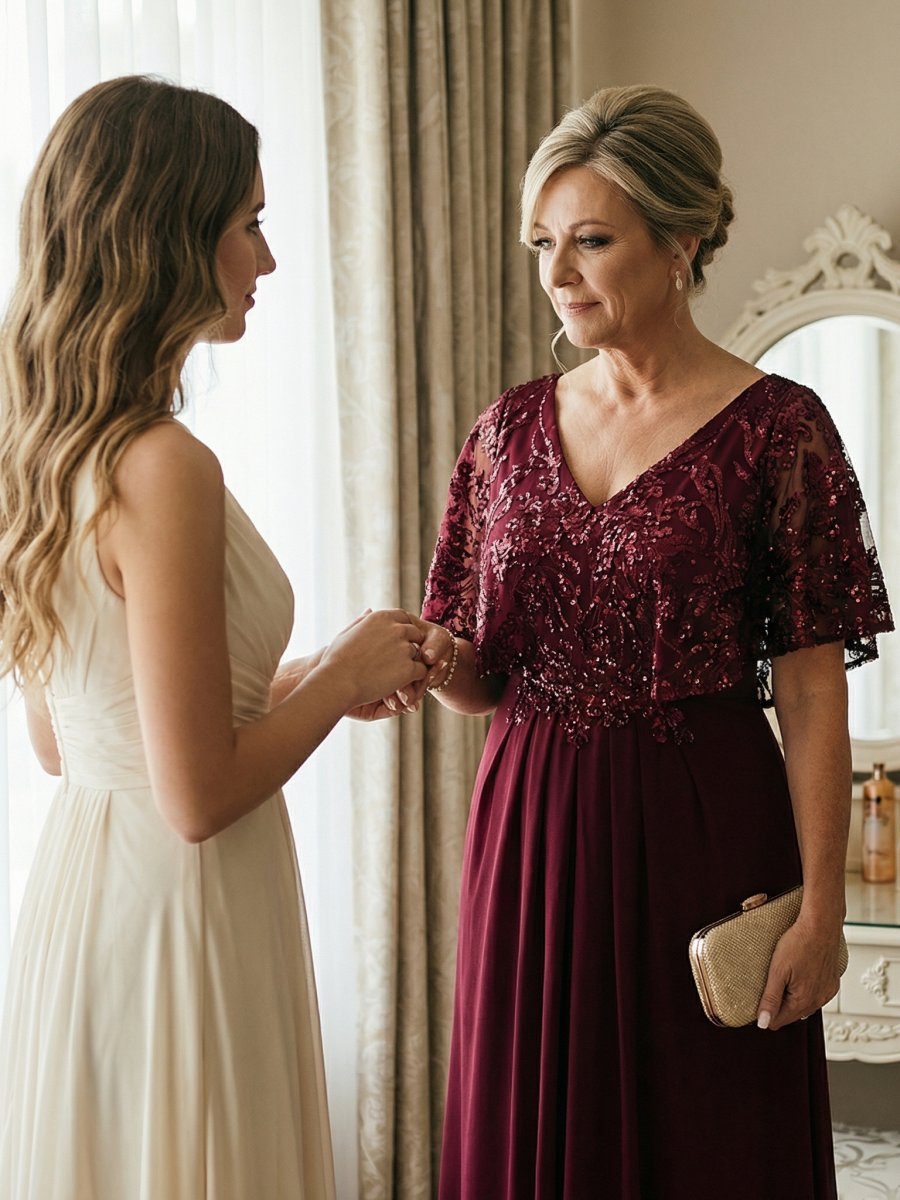 Plus Size Double V-Neck Sequin Batwing Sleeve Evening Dress #color_Burgundy