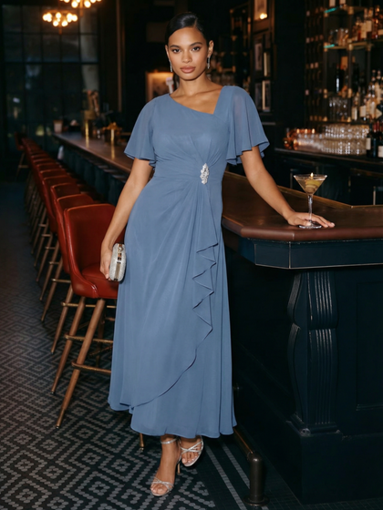 ever LILOU| Elegant Chiffon Ruffle Sleeve Formal Dress