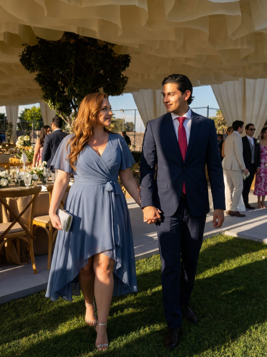 Plus Size Tie Knot Chiffon Wedding Guest Dress #color_Dusty Blue