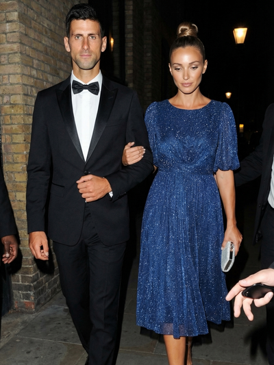 Shimmery Lantern Sleeve A-Line Wedding Guest Dress #color_Navy Blue