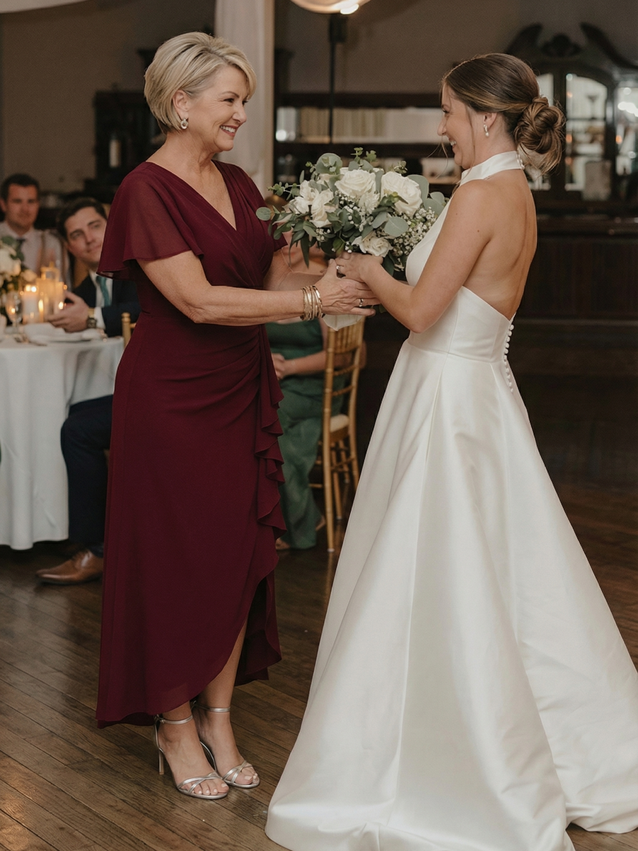 Plus Size Thigh-High Slit Knit Wedding Guest Dress #color_Burgundy