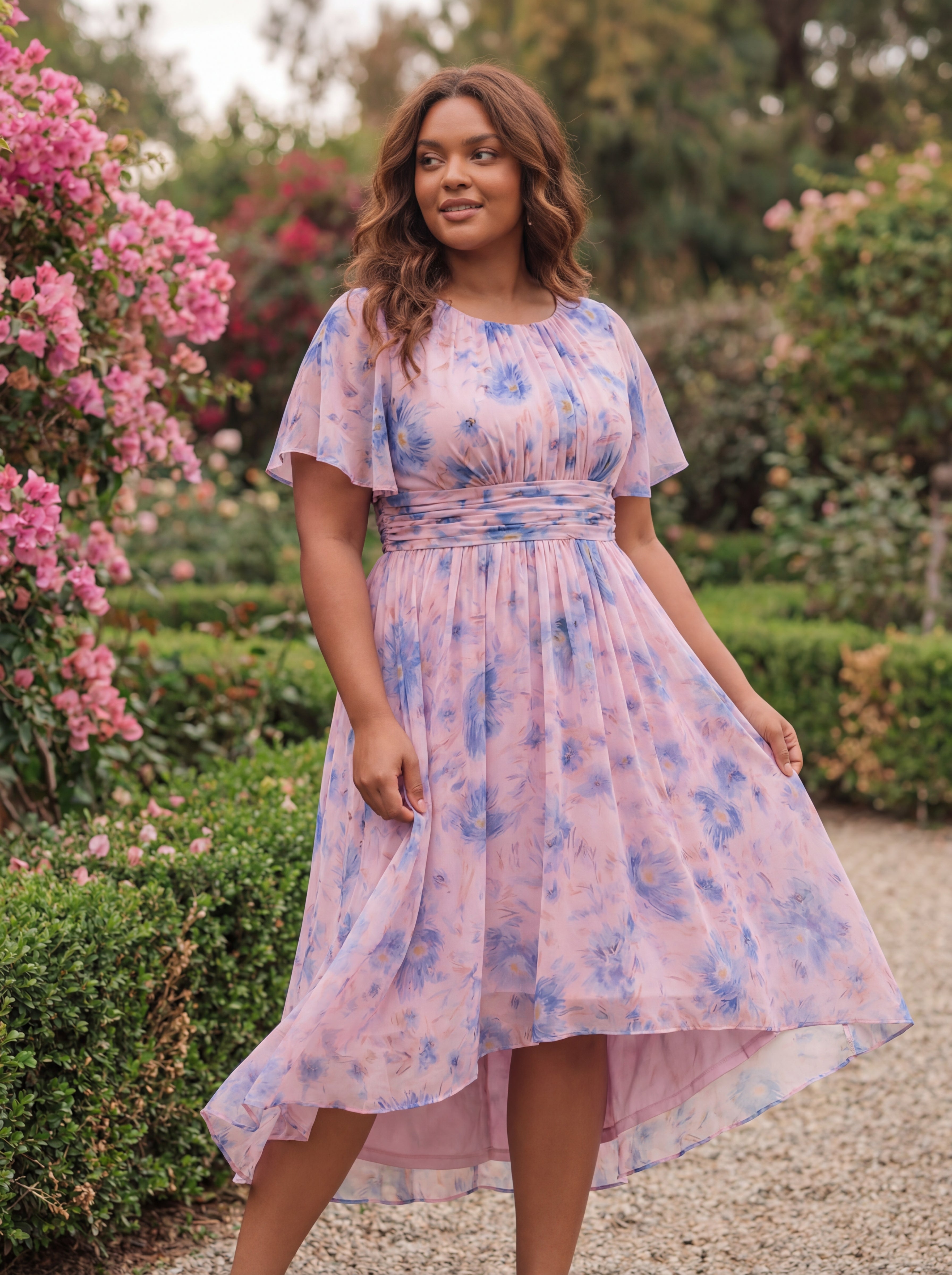 Plus Size Pleated Round Neckline A-Line Midi Chiffon Wedding Guest Dress #color_Azure Bream