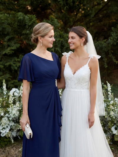 Ruffle Sleeve Chiffon Midi Mother of the Bride Dress #color_Navy Blue