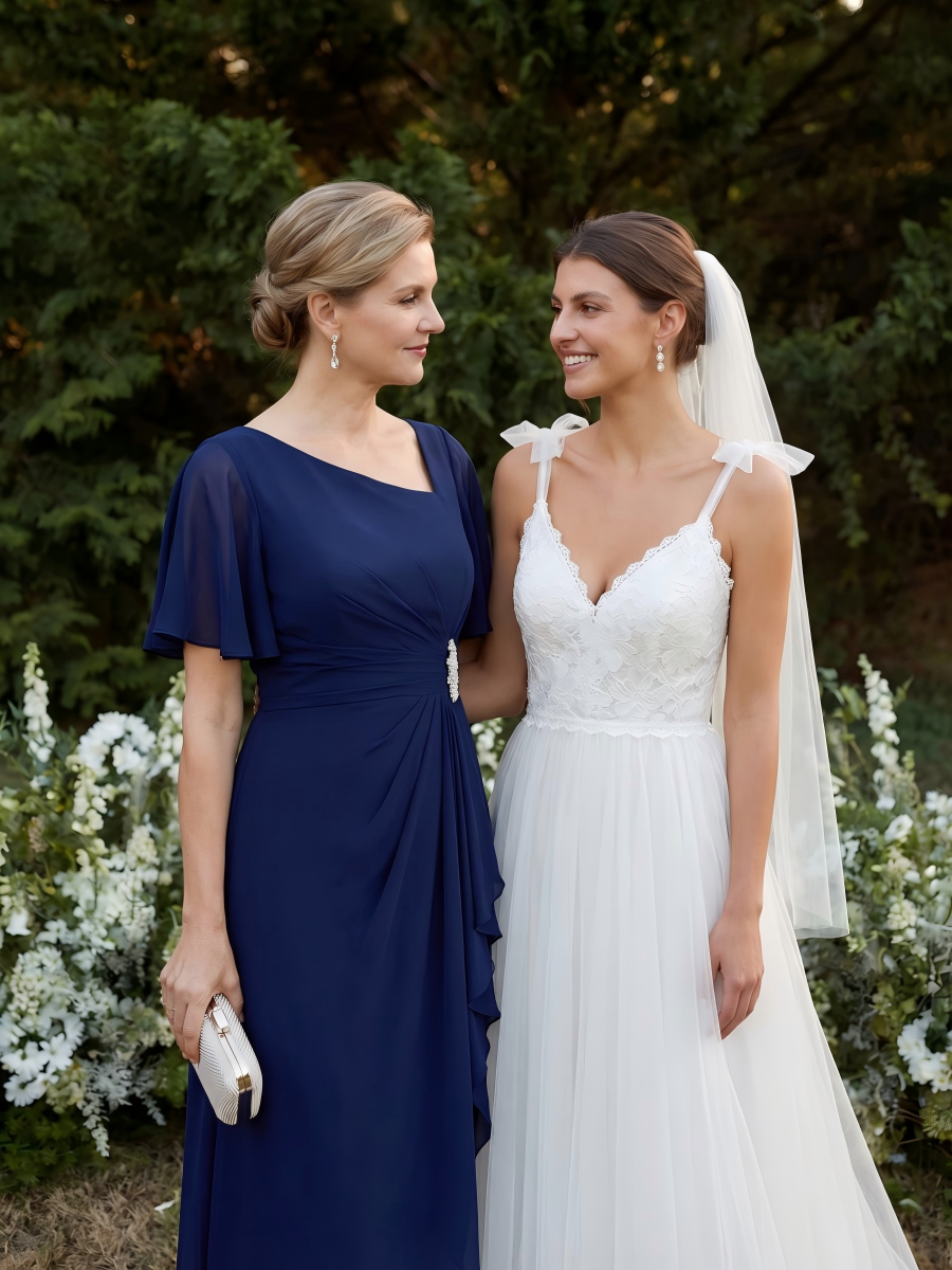 Ruffle Sleeve Chiffon Midi Mother of the Bride Dress #color_Navy Blue