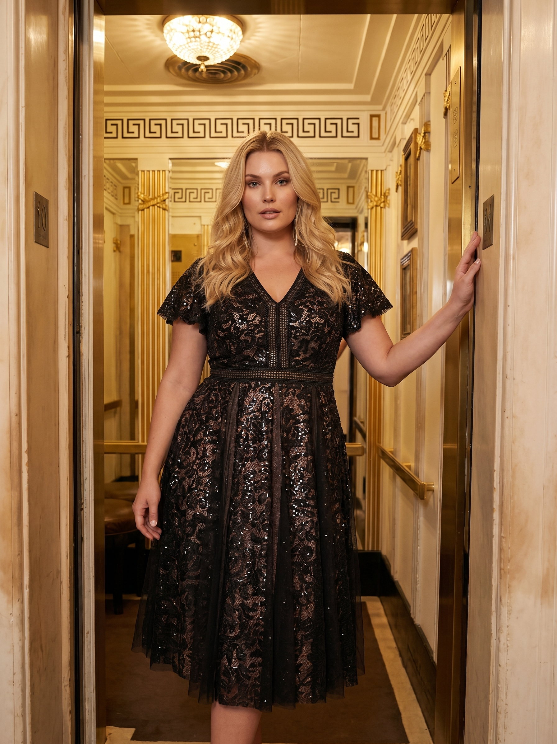 Plus Size Lace Ruffle Sleeve Wedding Guest Dress #color_Black