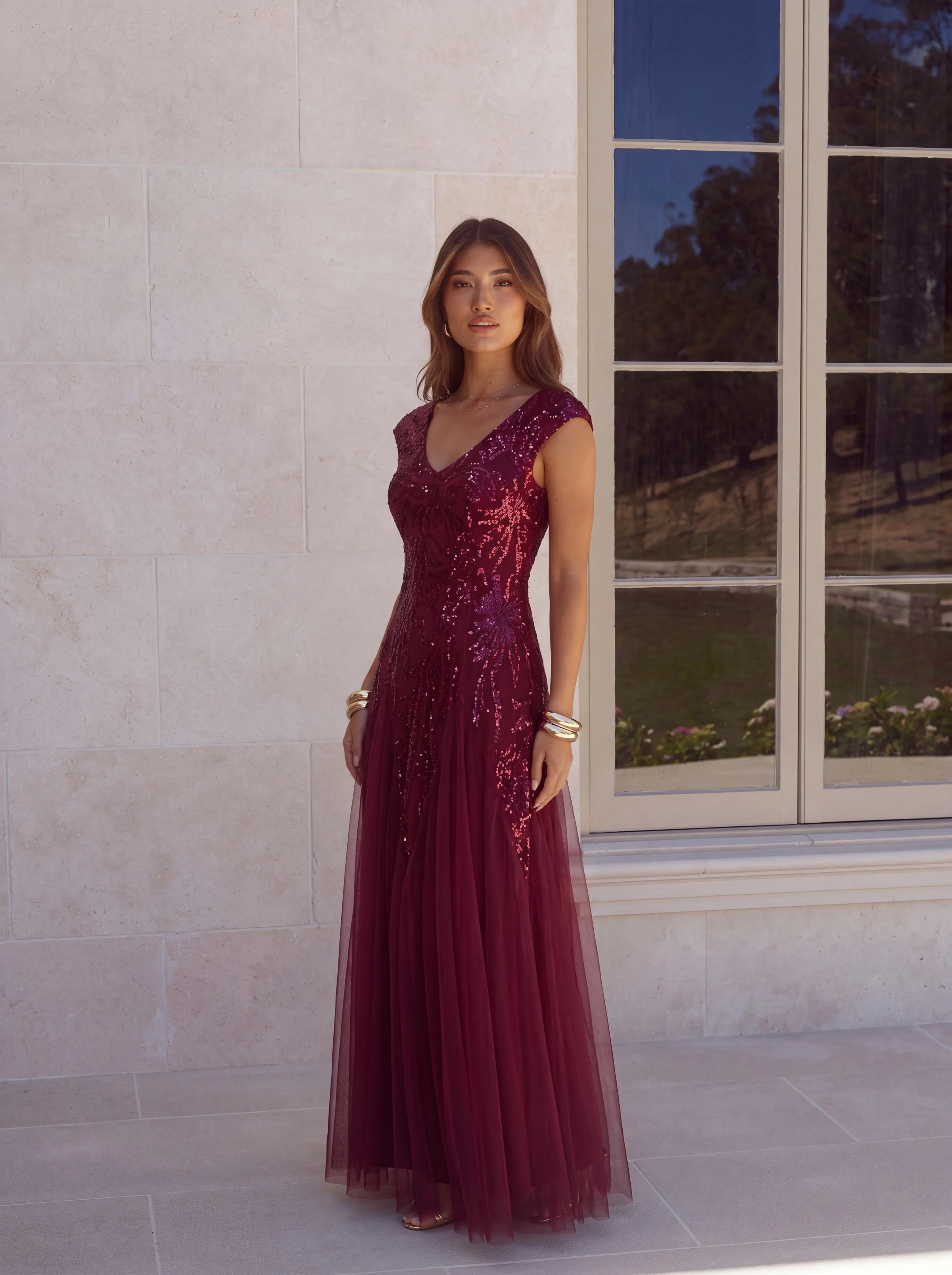 Glitter Embroidered Cap Sleeve High Stretch Mother of the Bride Dress #color_Burgundy