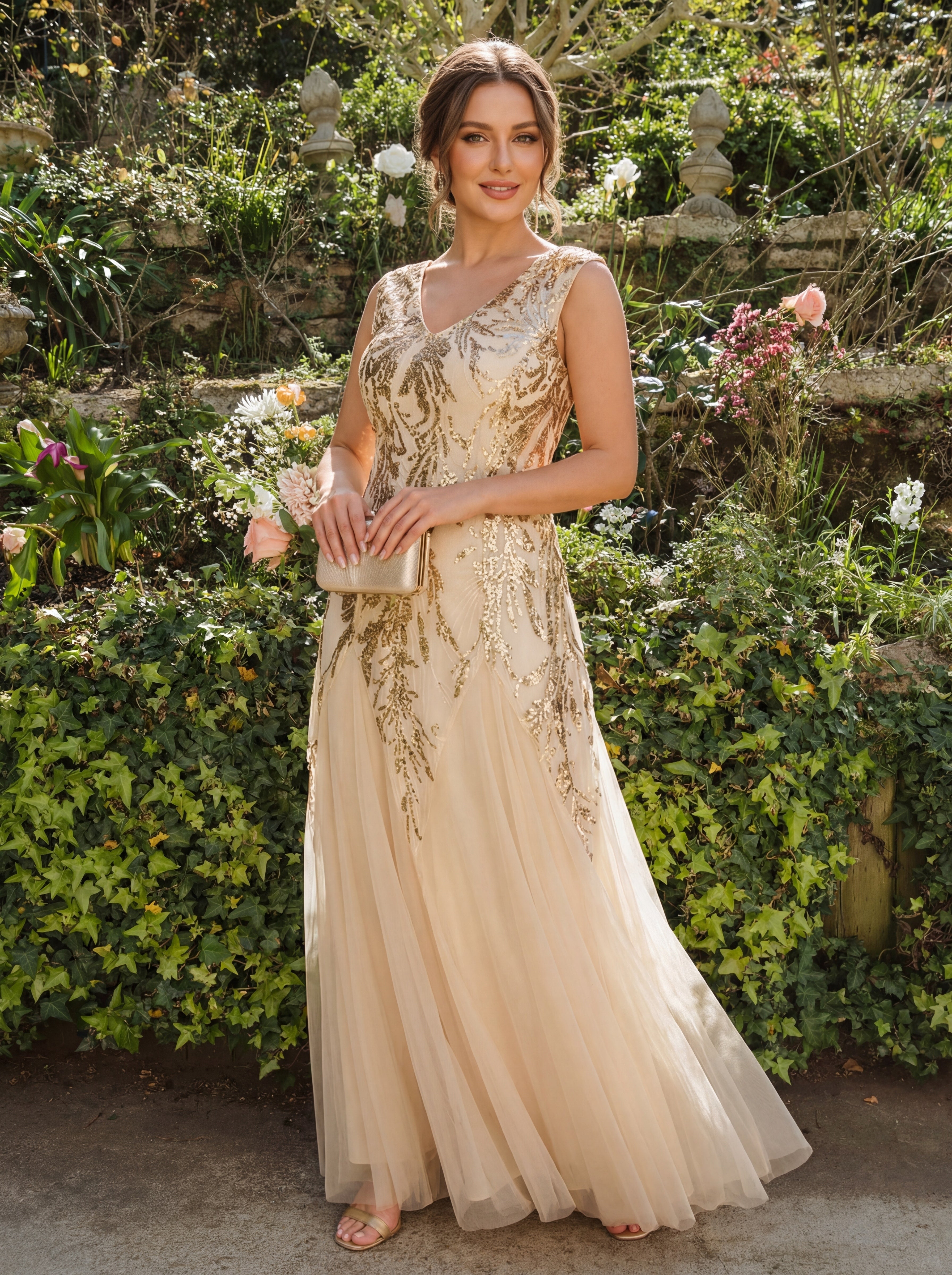 Plus Size Glitter High Stretch Cap Sleeve Tulle Mother of the Bride Dress #color_Gold