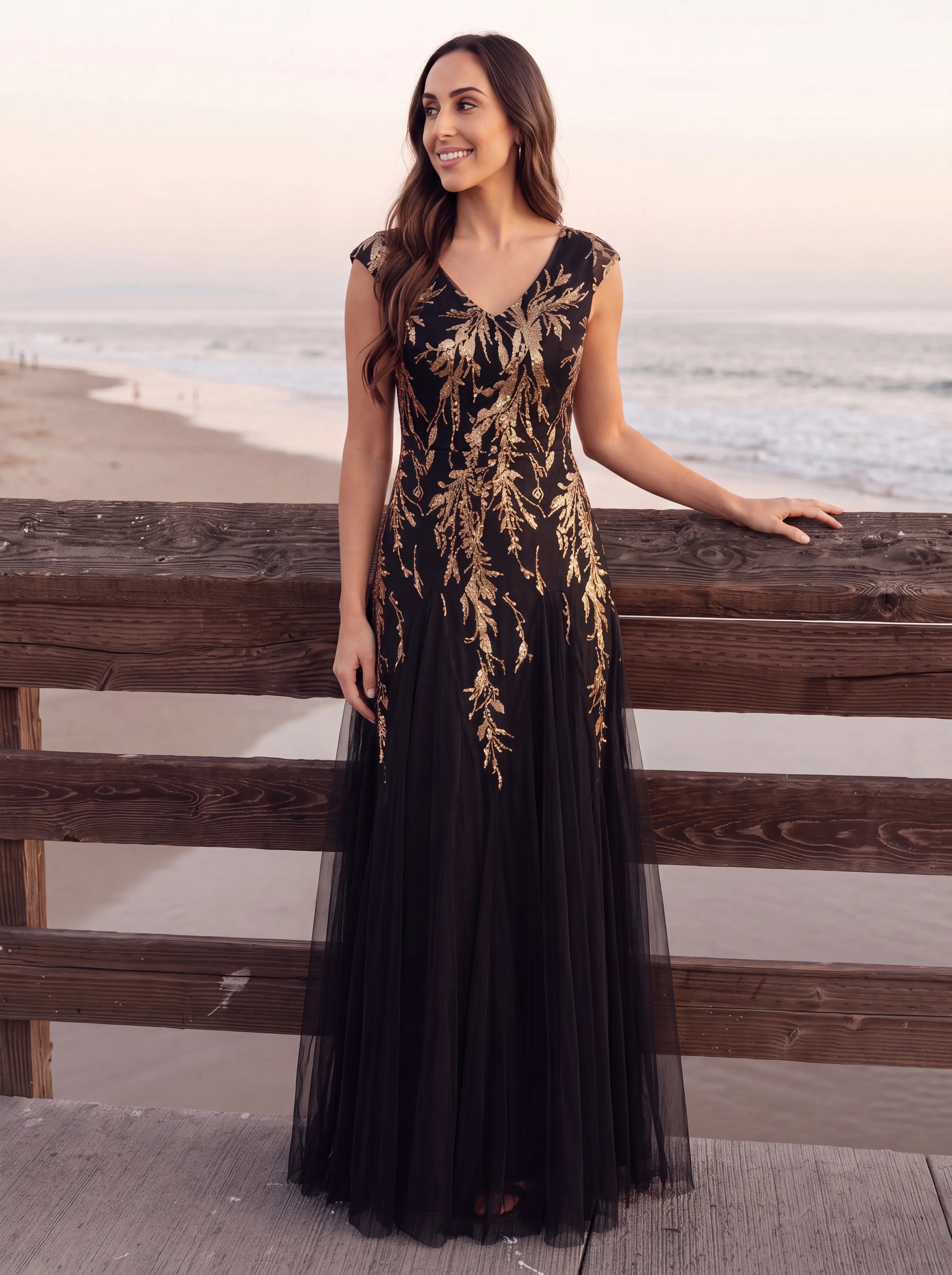 Glitter Embroidered Cap Sleeve High Stretch Mother of the Bride Dress #color_Black & Gold