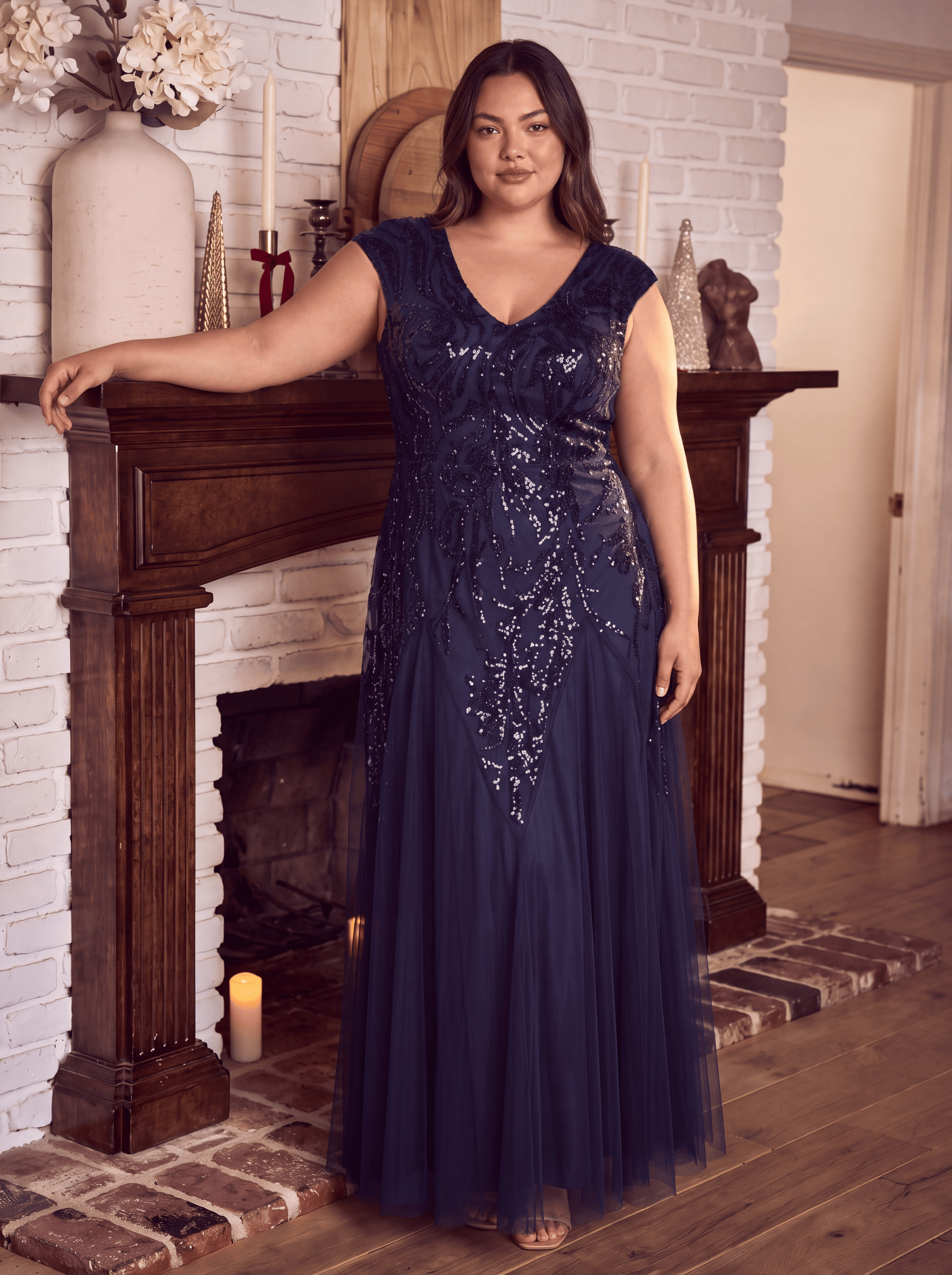 Plus Size Glitter High Stretch Cap Sleeve Tulle Mother of the Bride Dress #color_Dark Purple