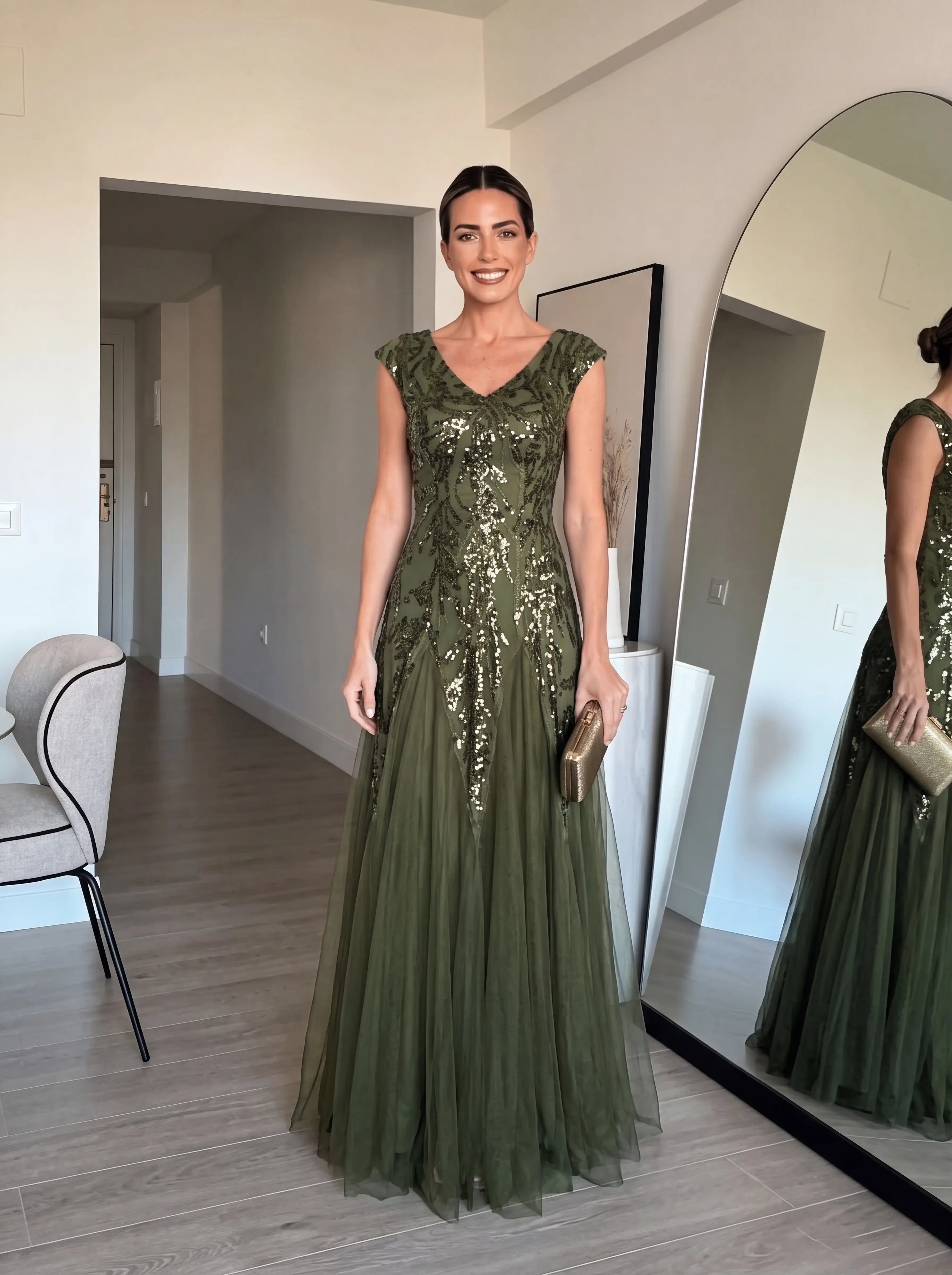 Glitter Embroidered Cap Sleeve High Stretch Mother of the Bride Dress #color_Olive Green