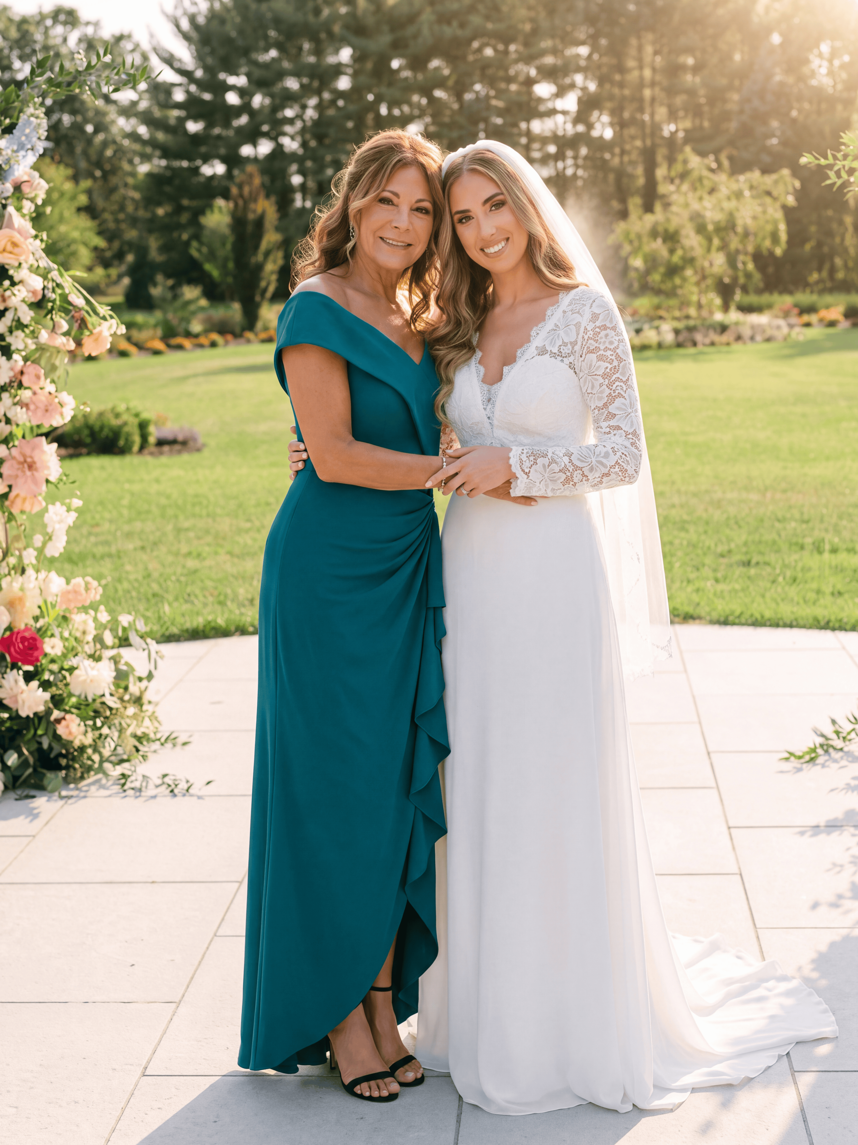 Ruffle Crepe Cap Sleeve Evening Dress #color_Teal Blue