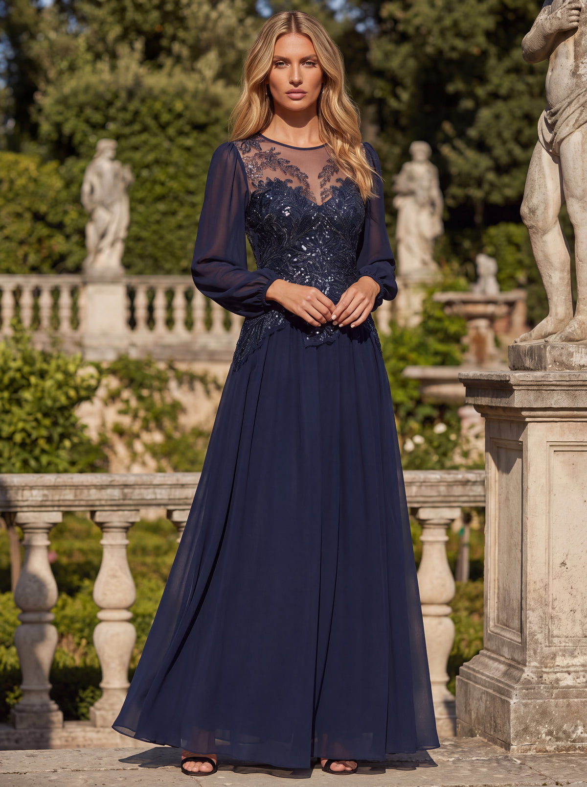 See-through Tulle Puff Sleeve Evening Dress #color_Navy Blue
